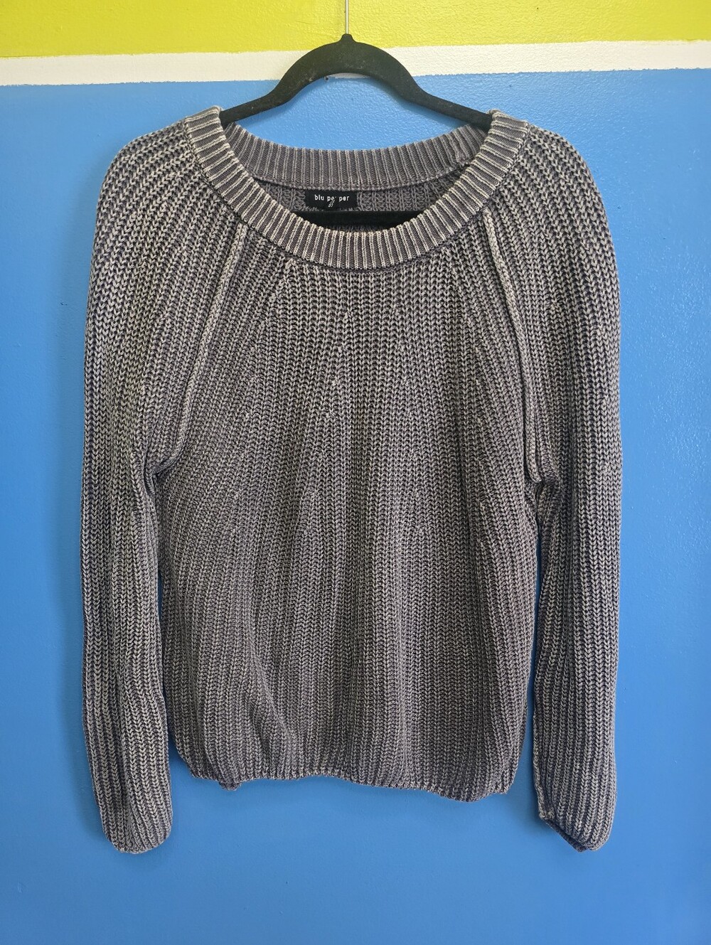 Blu Pepper Women’s M Gray Marled Chunky Knit 100% Cotton Raglan Sweater